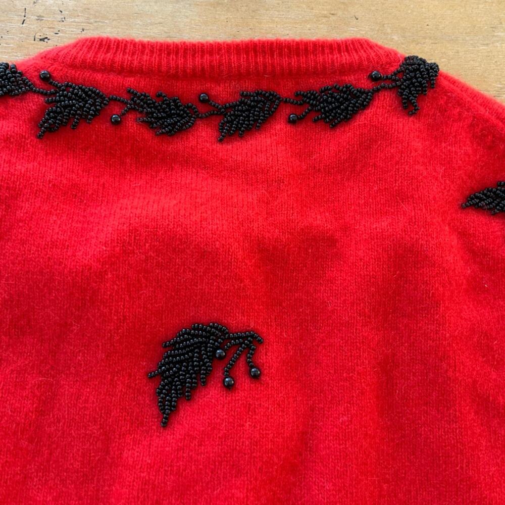 Vintage Original 1950s 60s Red Angora Lambswool Cardigan Beaded Sweater Medium - Picture 12 of 12